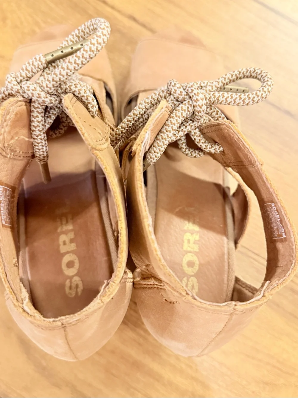 Sorel Joanie Lace Tan Suede Lace-Up Wedge Sandals